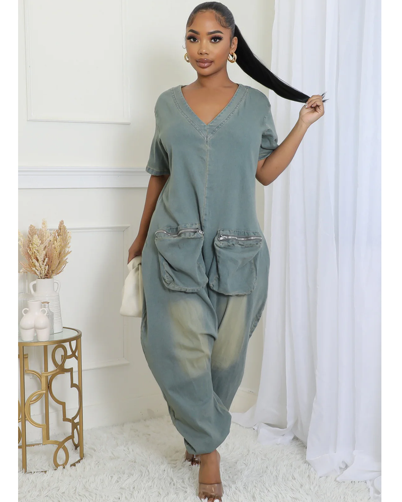 Light-wash oversized V-neck denim jumpsuit, three-quarter front view
