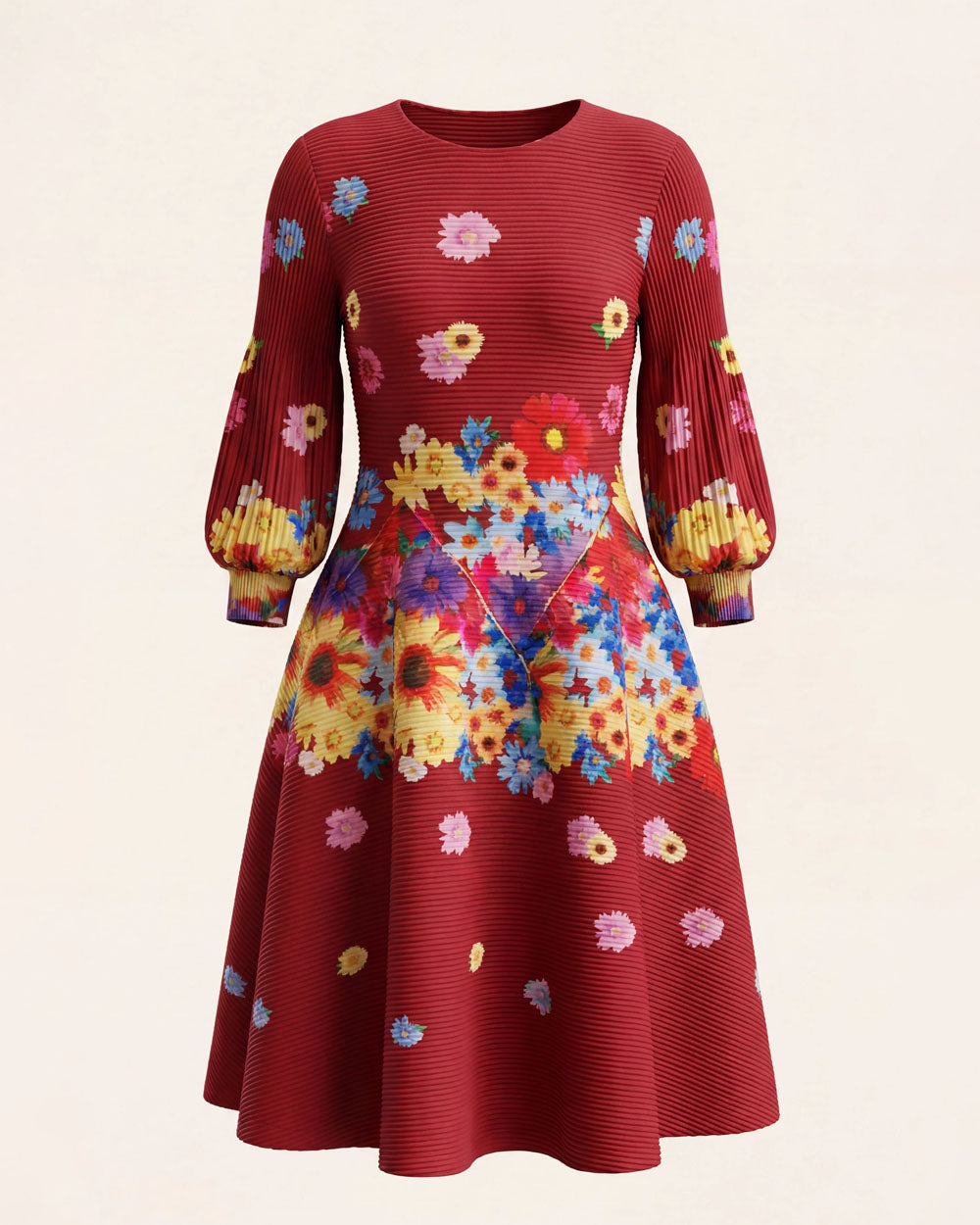 Burgundy floral-print bouncy midi dress, product view