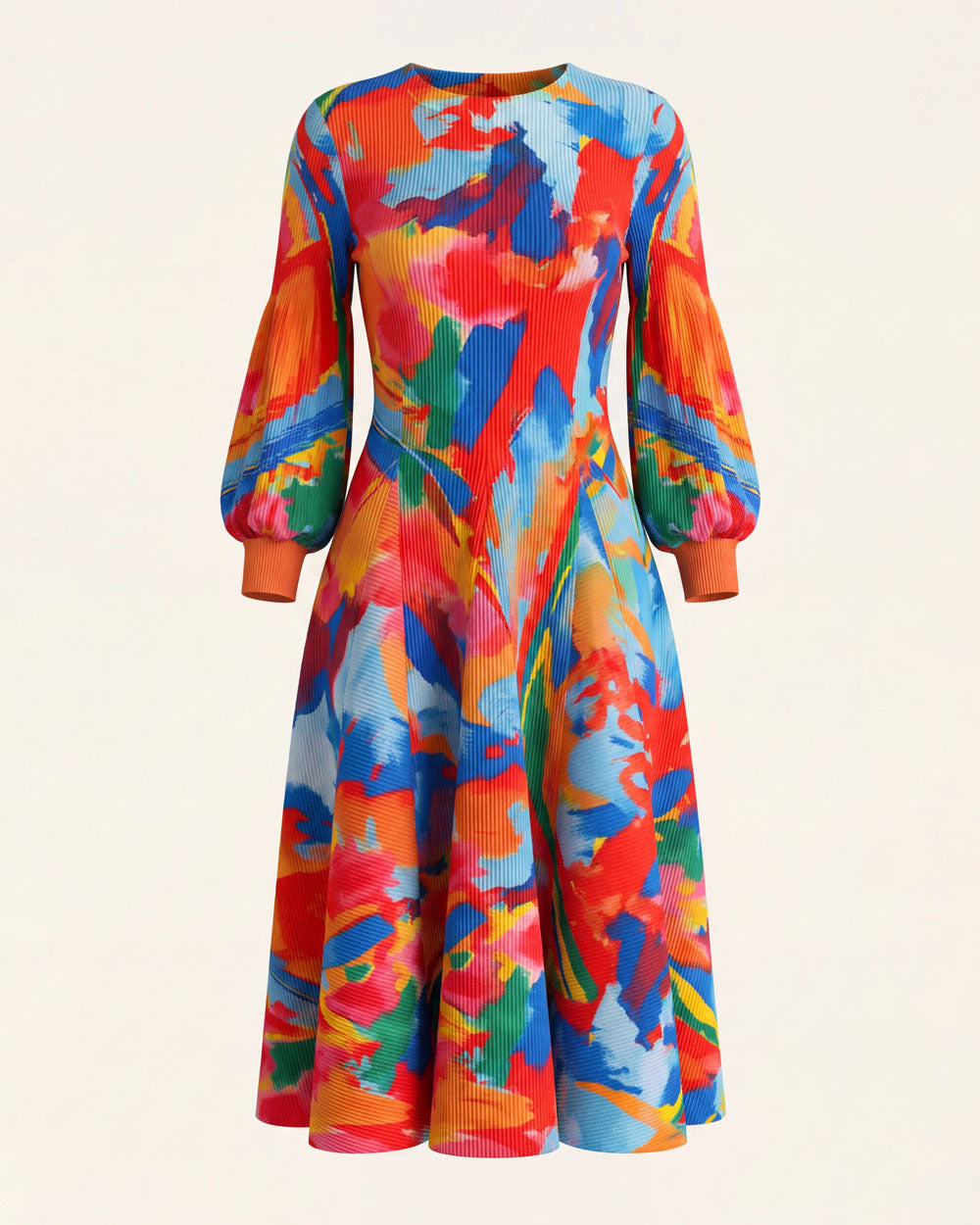 Orange and blue abstract-print bouncy midi dress, product view