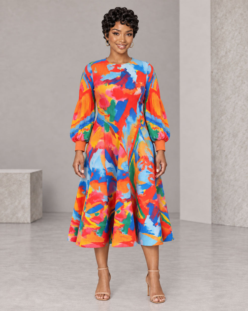 Orange and blue abstract-print bouncy midi dress, front view