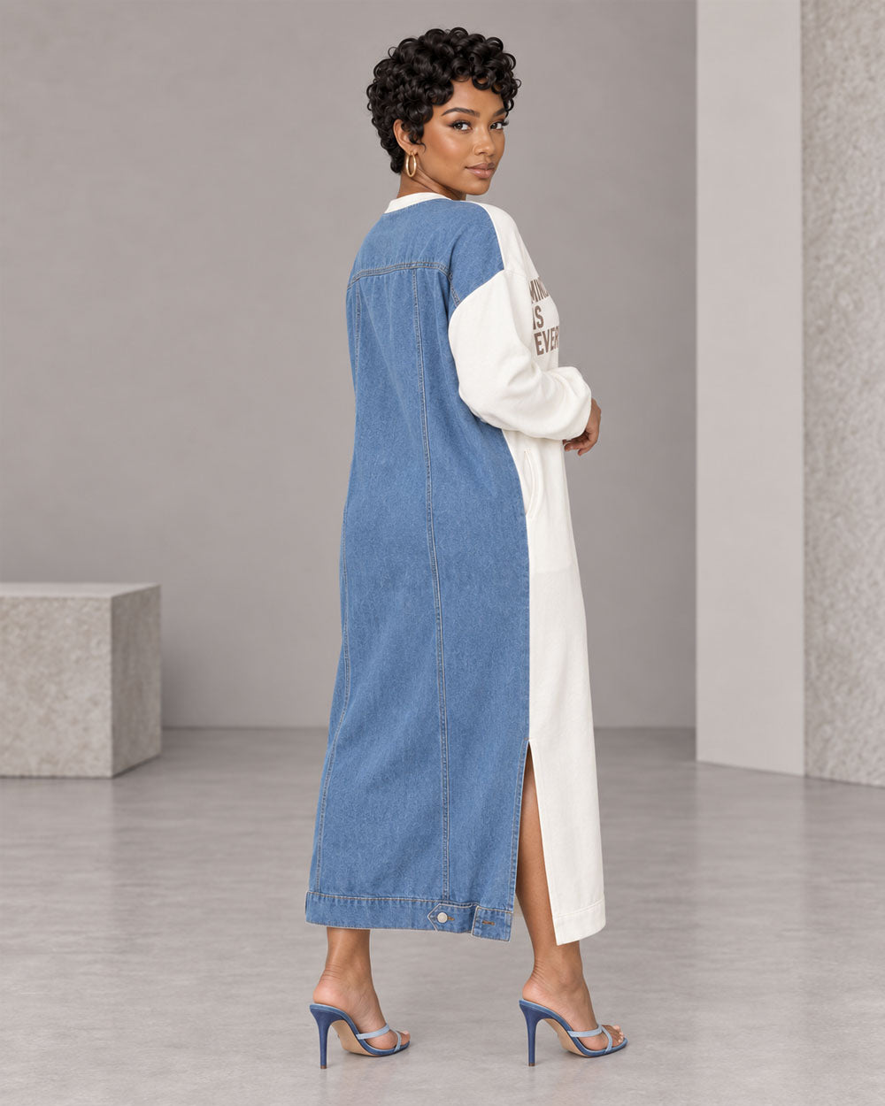 Blue sweatshirt and denim maxi dress, front view