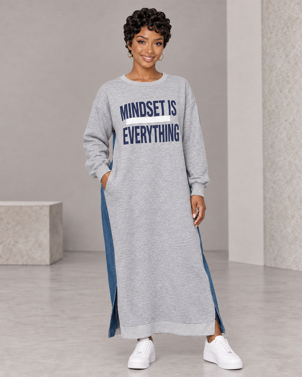 Gray sweatshirt and denim maxi dress, front view