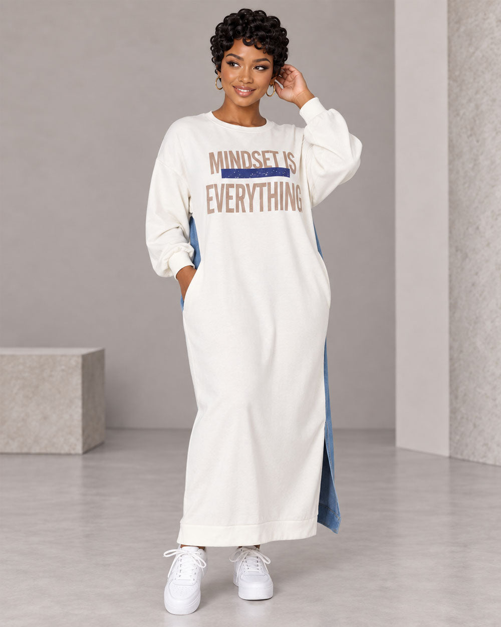 White sweatshirt and denim maxi dress, front pose