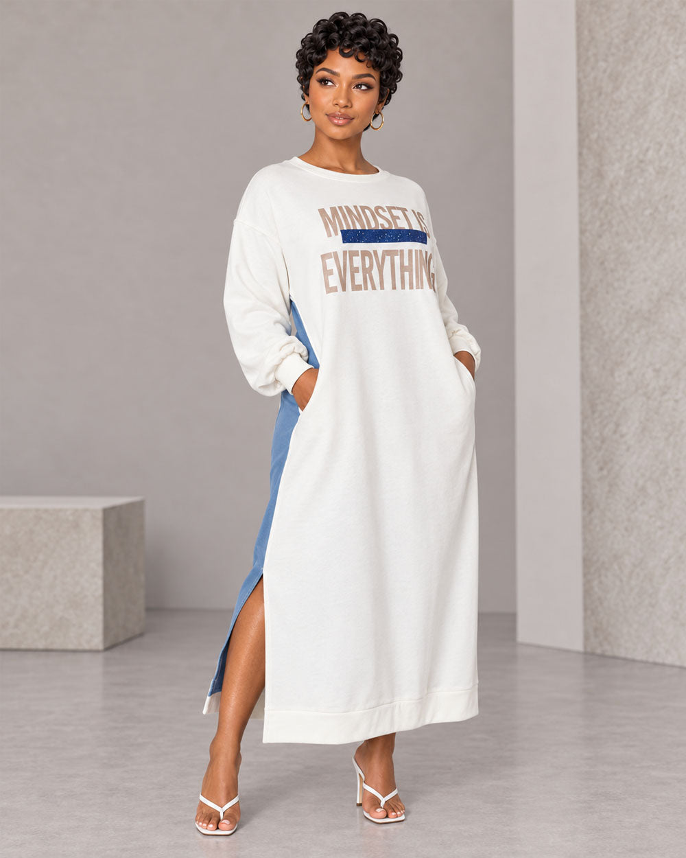 White sweatshirt and denim maxi dress, front view