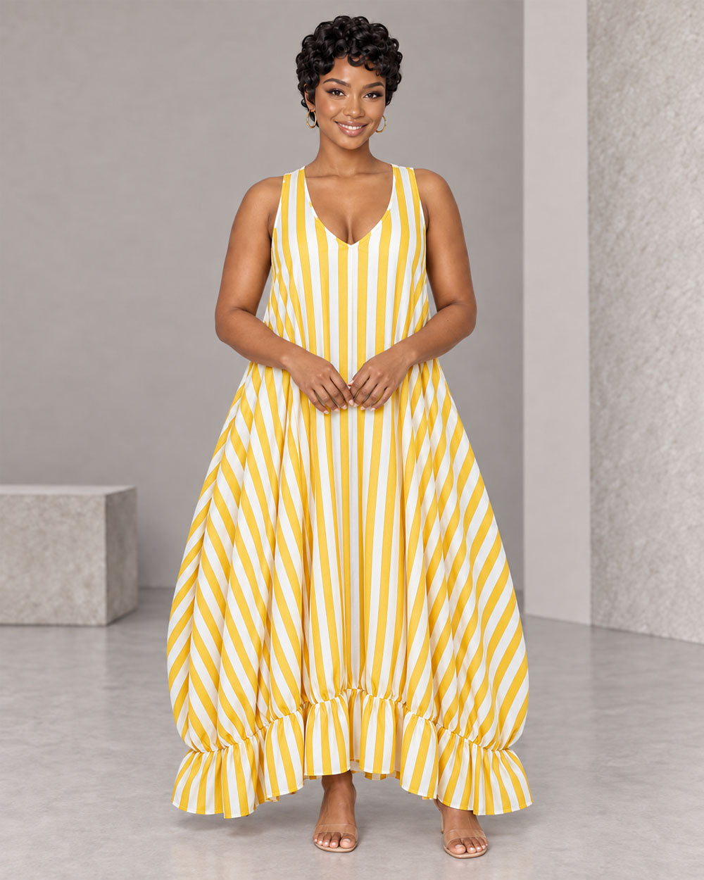 Yellow striped ruffle maxi dress, three-quarter view