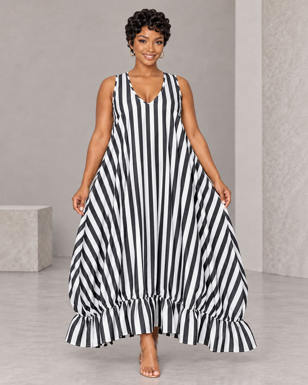 Black striped ruffle maxi dress, front view