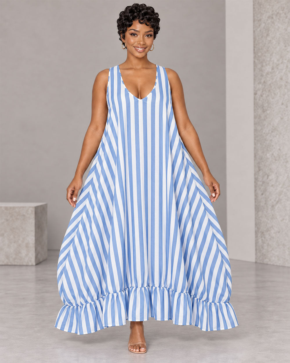 Blue striped ruffle maxi dress, front view