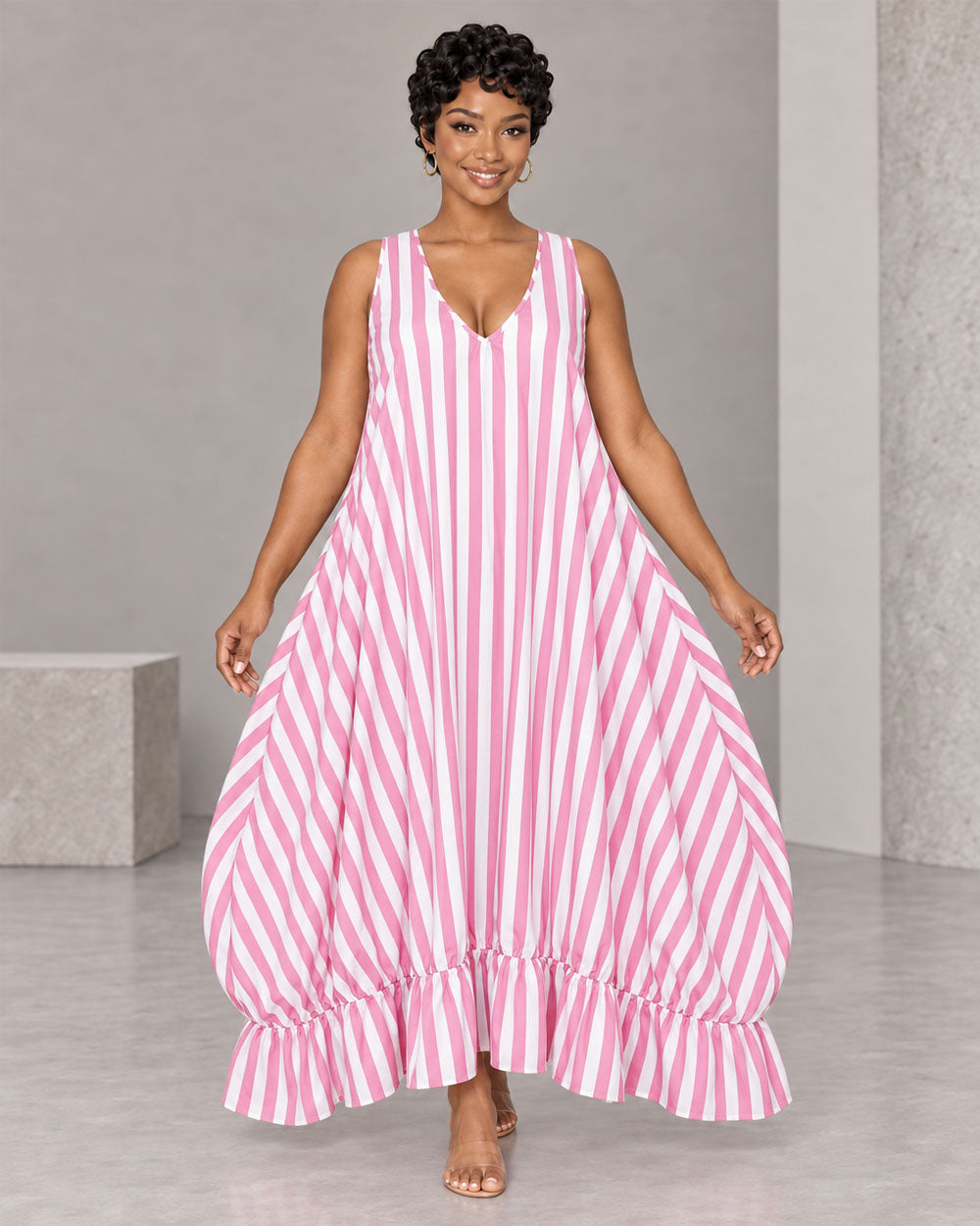Pink striped ruffle maxi dress, front view