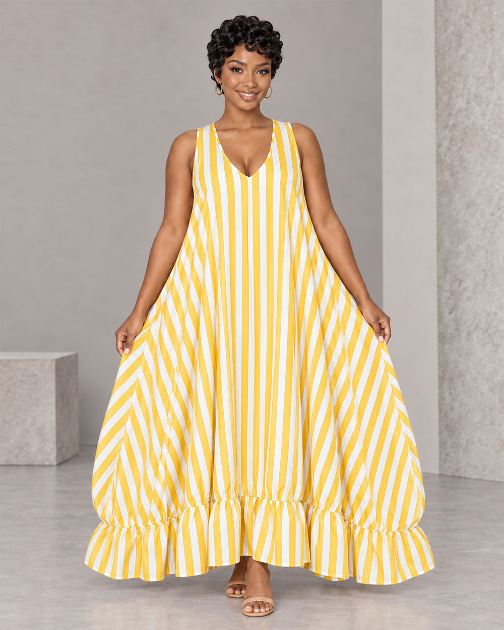 Yellow striped ruffle maxi dress, front view