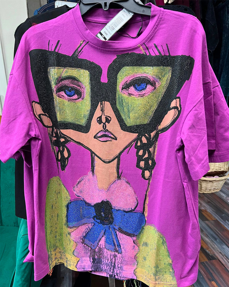 Pink rhinestone face graphic T-shirt, graphic detail