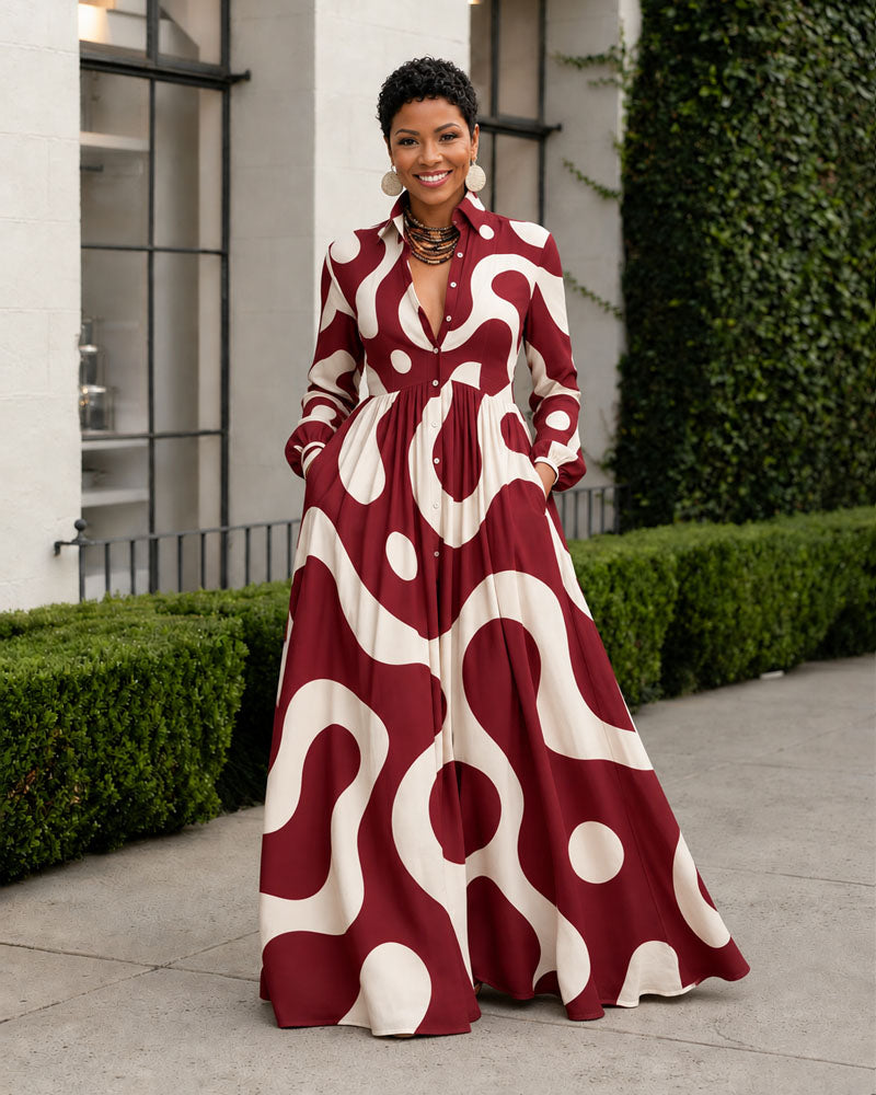 Burgundy abstract-print belted maxi dress, front view