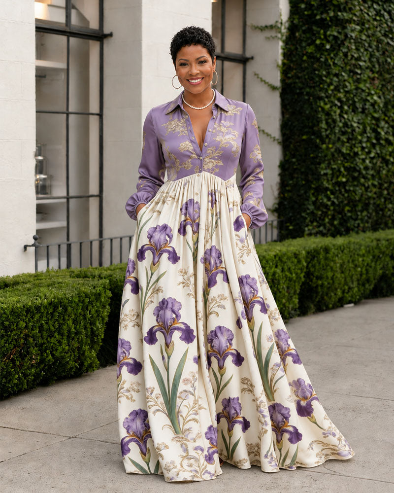 Lavender floral-print belted maxi dress, front view
