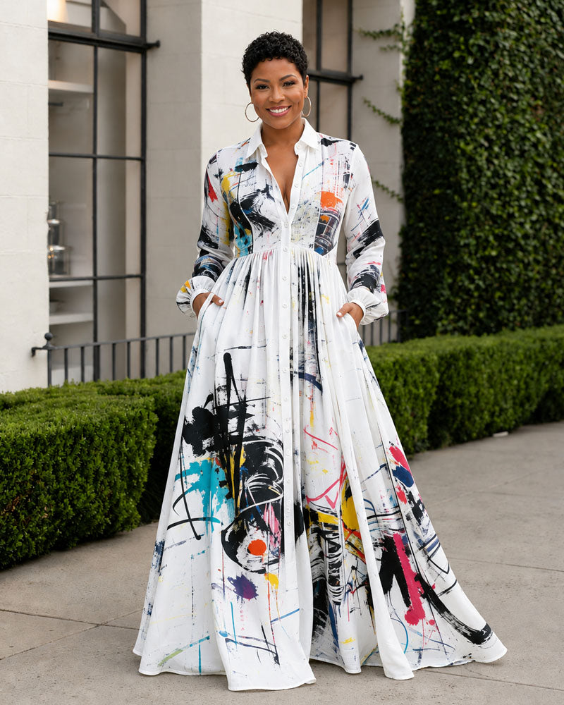 White multicolor floral belted maxi dress, front view