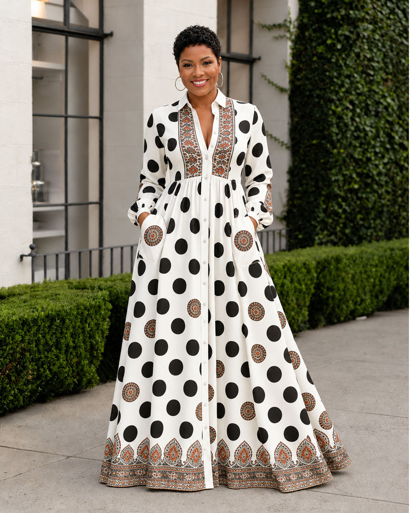 White polka-dot belted maxi dress, front view