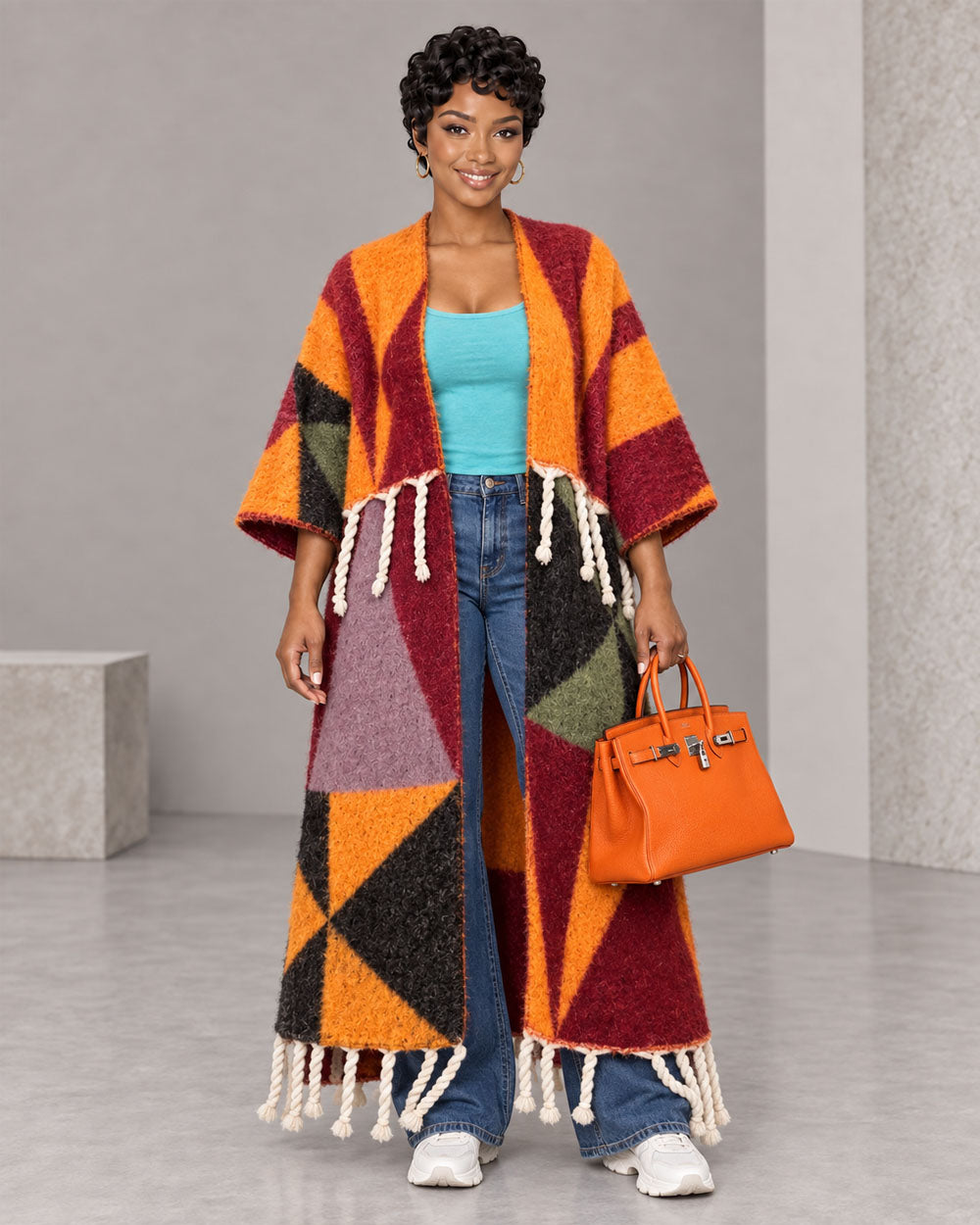Red multicolor fuzzy tassel maxi cardigan, front view