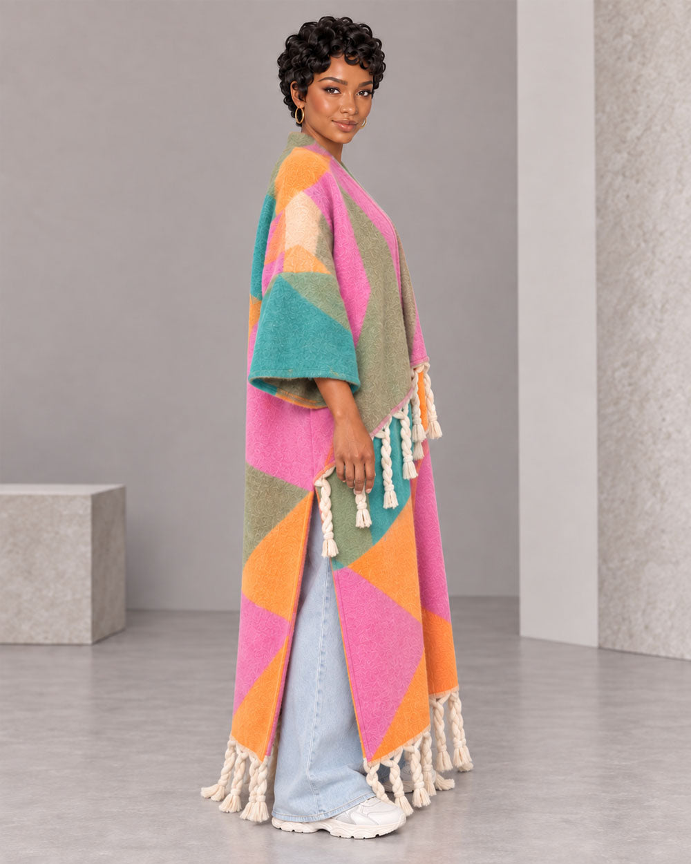 Pink multicolor fuzzy tassel maxi cardigan, side view
