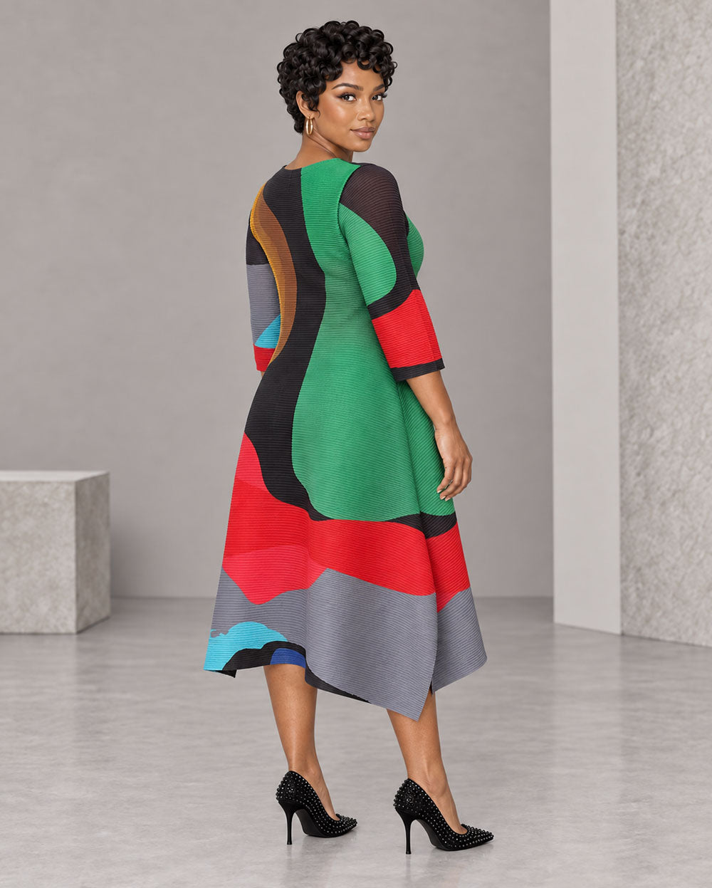 Green and red color-block asymmetrical bouncy dress, side view