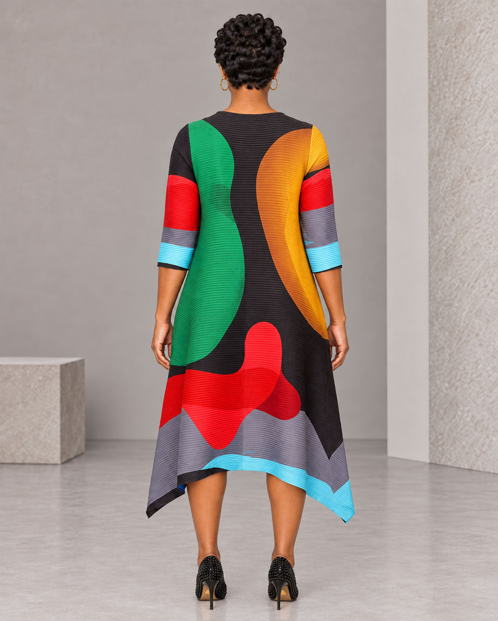 Multicolor color-block asymmetrical bouncy dress, back view