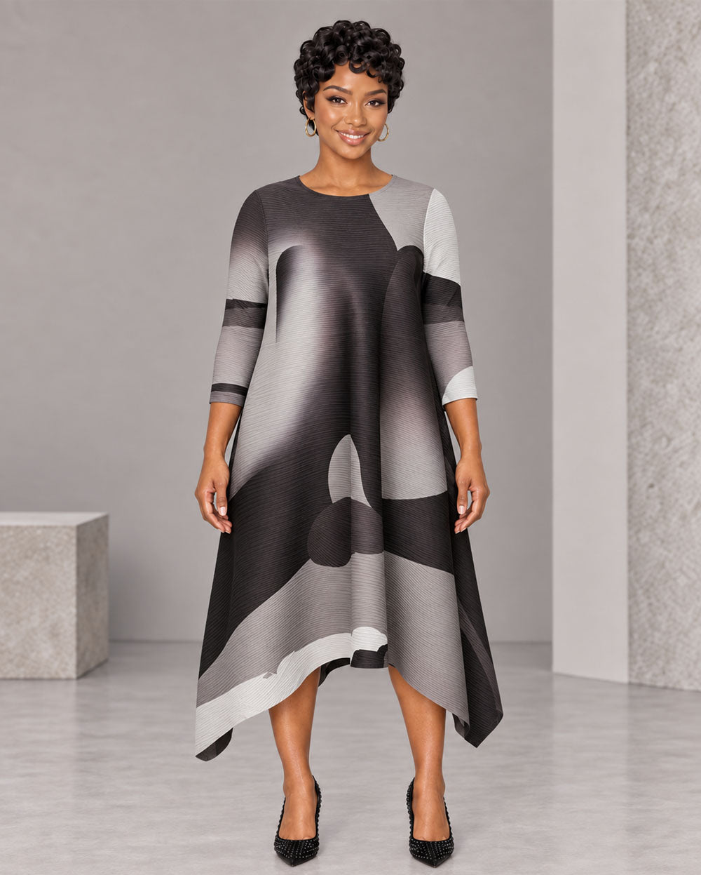 Gray color-block asymmetrical bouncy dress, front view