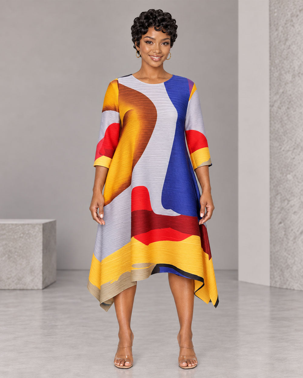 Yellow and purple color-block asymmetrical bouncy dress, front view