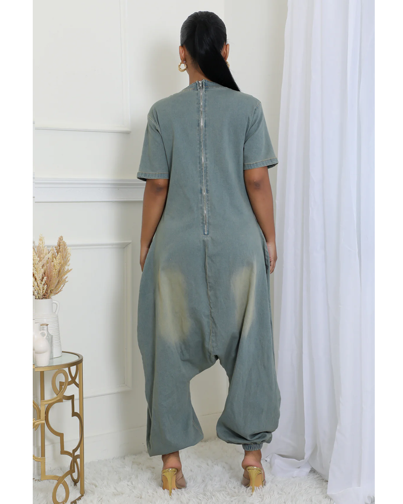 Light-wash oversized V-neck denim jumpsuit, lifestyle back view