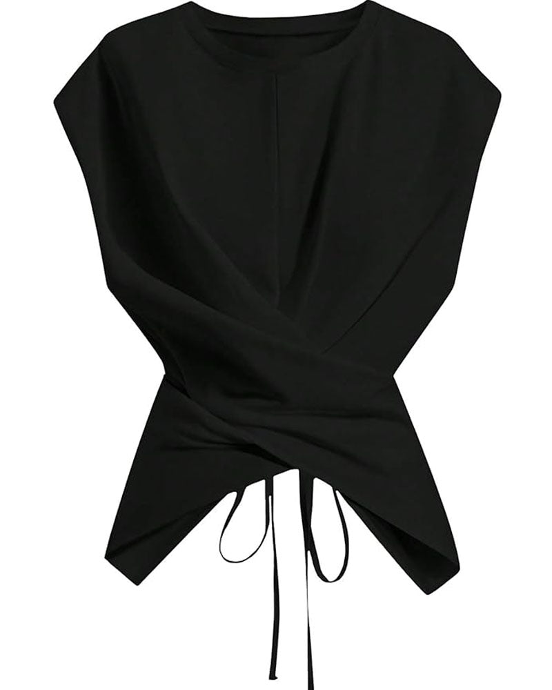 Black twist-front drape T-shirt, flat front product view