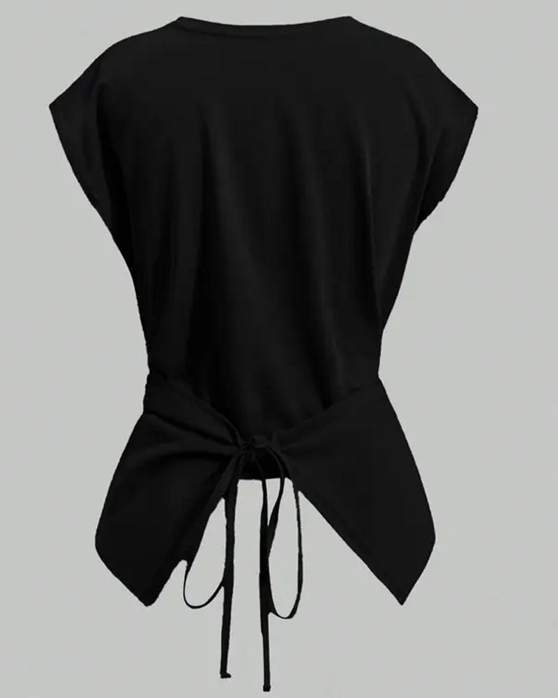 Black twist-front drape T-shirt, flat back product view