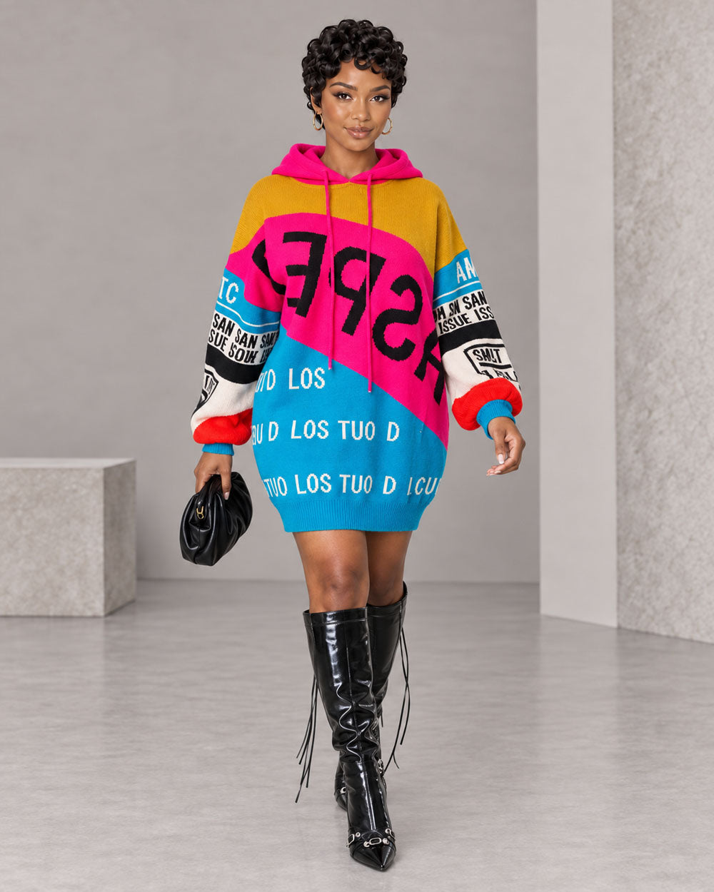 Hot pink graphic hooded sweater mini dress, front view