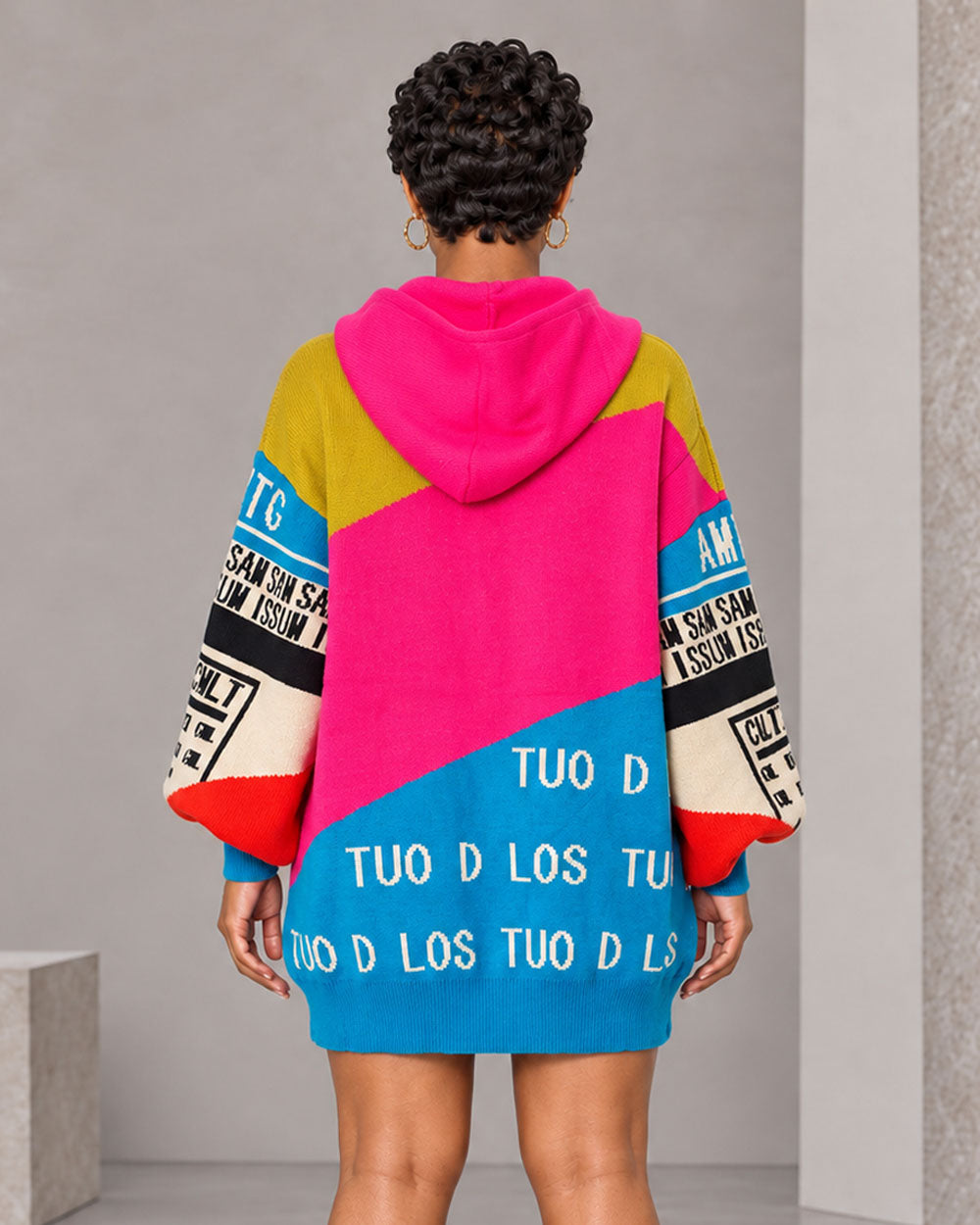Green graphic hooded sweater mini dress, back view