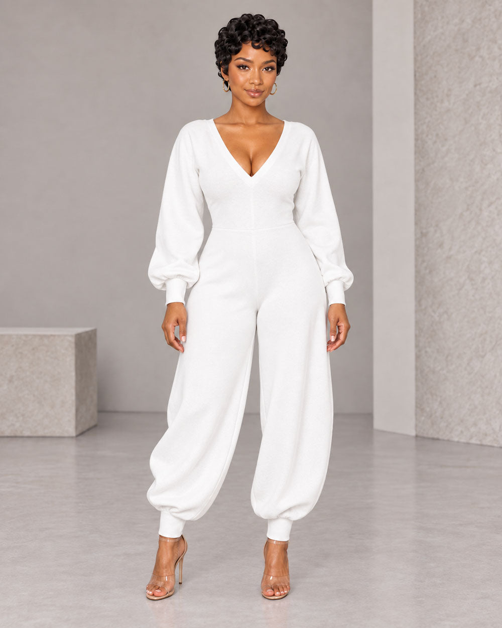 Volume Shift Plunging Cotton Jumpsuit
