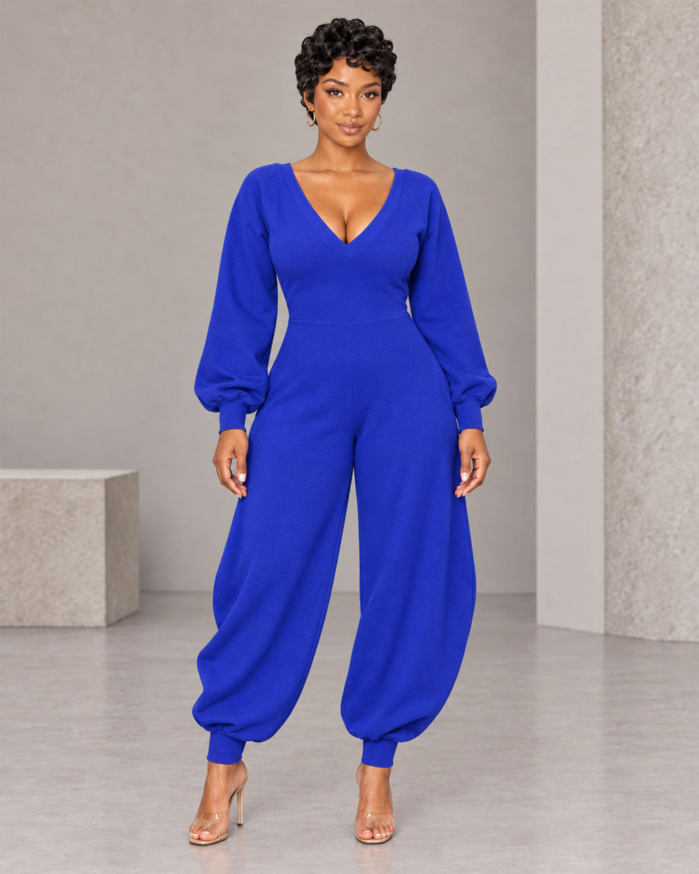 Volume Shift Plunging Cotton Jumpsuit