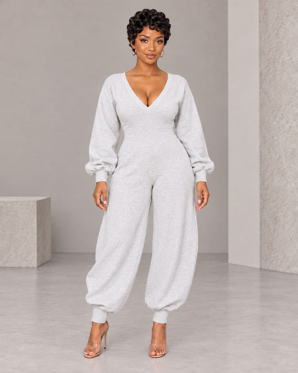 Volume Shift Plunging Cotton Jumpsuit