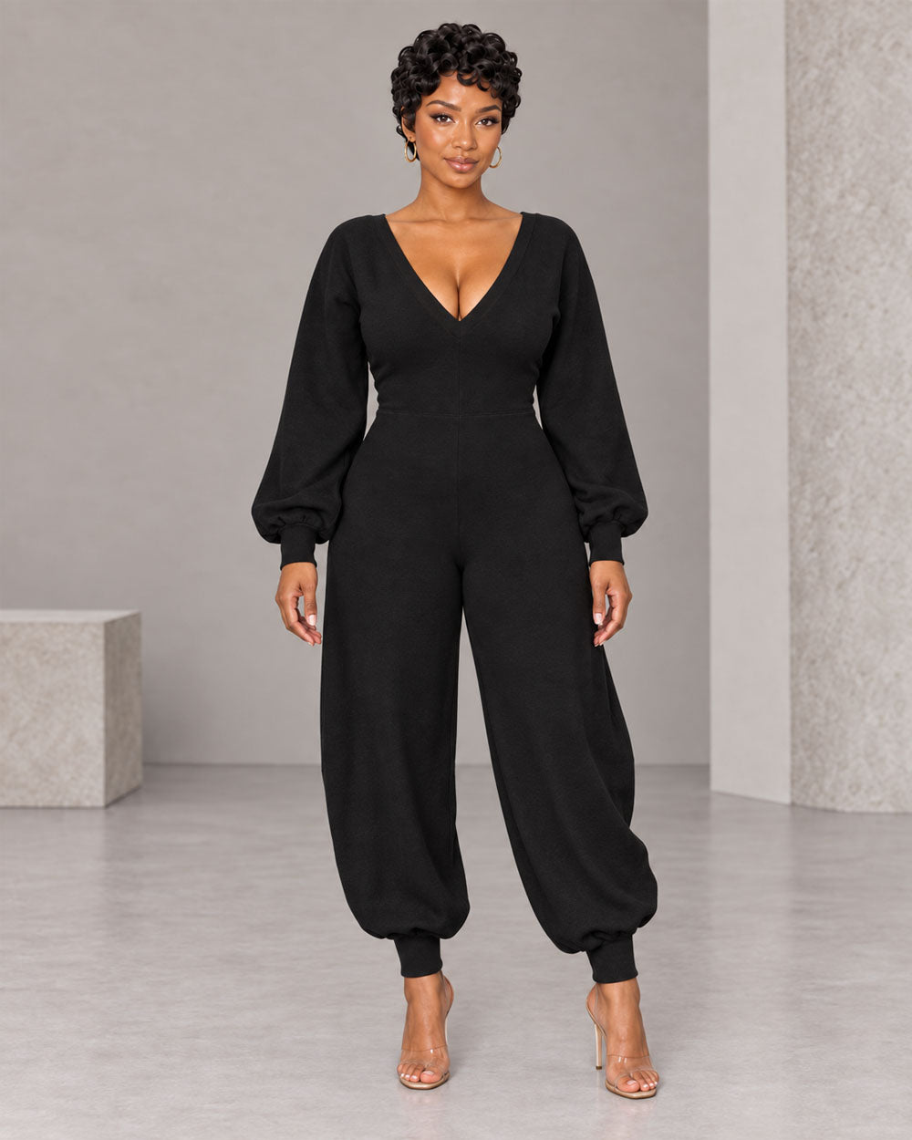 Volume Shift Plunging Cotton Jumpsuit