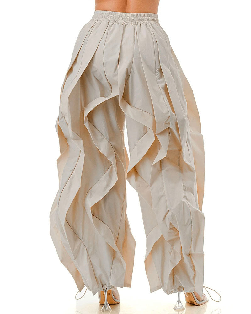 Khaki layered ruffle wide-leg jogger pants, back view