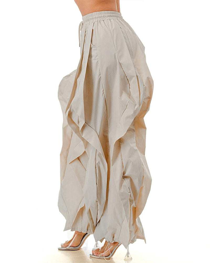 Khaki layered ruffle wide-leg jogger pants, side view