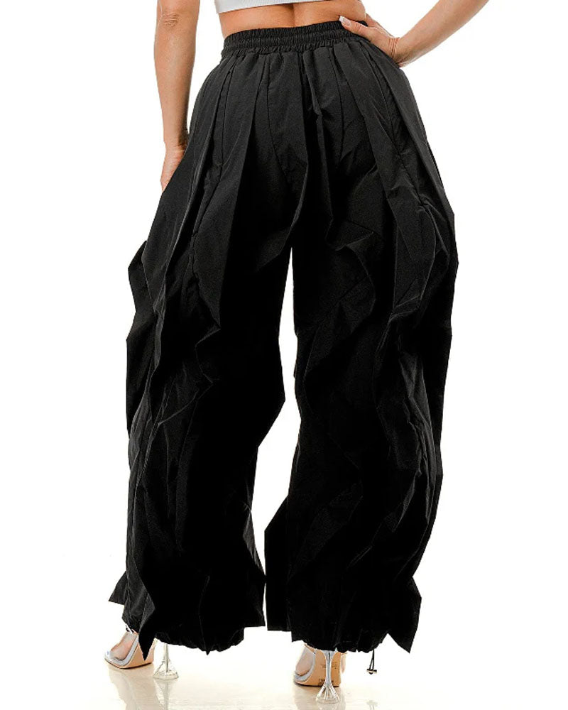 Black layered ruffle wide-leg jogger pants, back view