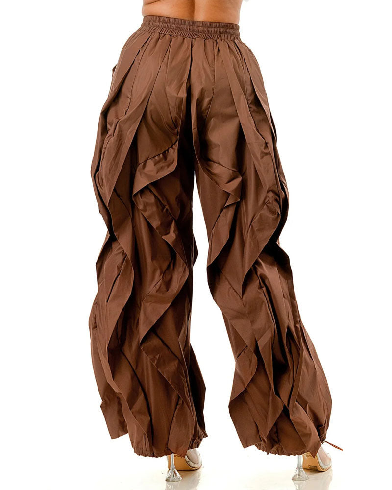 Coffee layered ruffle wide-leg jogger pants, back view