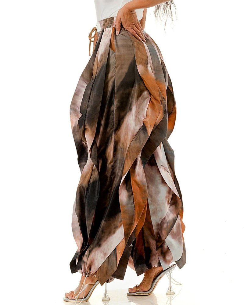 Brown abstract-print layered wide-leg jogger pants, side view