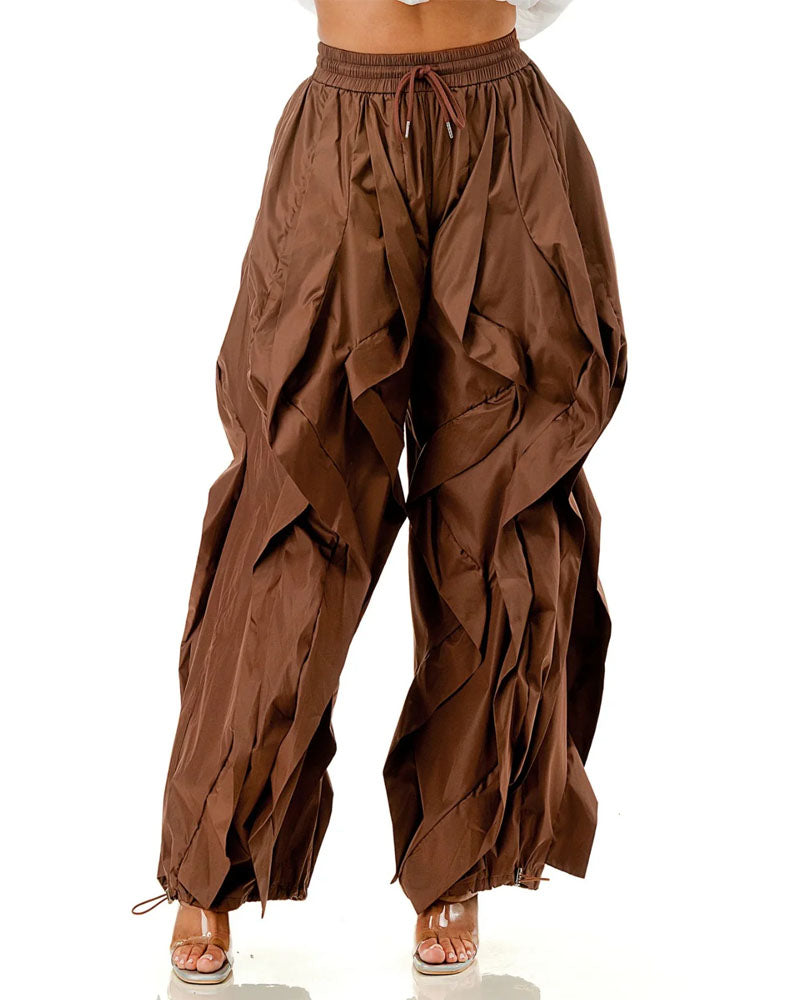 Coffee layered ruffle wide-leg jogger pants, front view