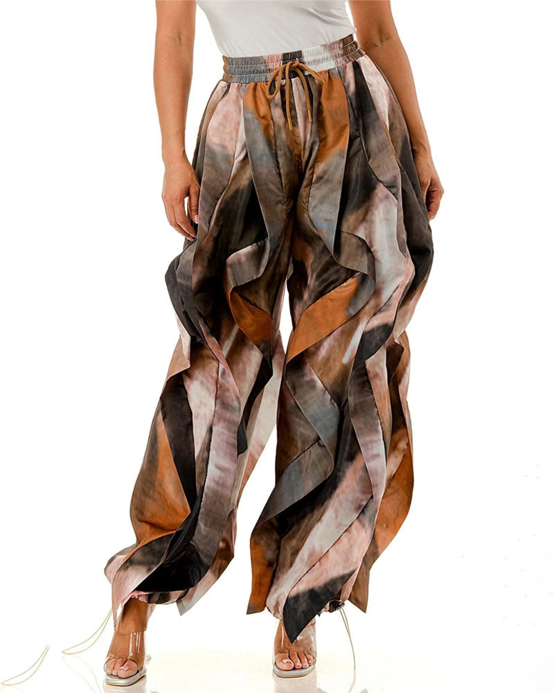 Brown abstract-print layered wide-leg jogger pants, back view