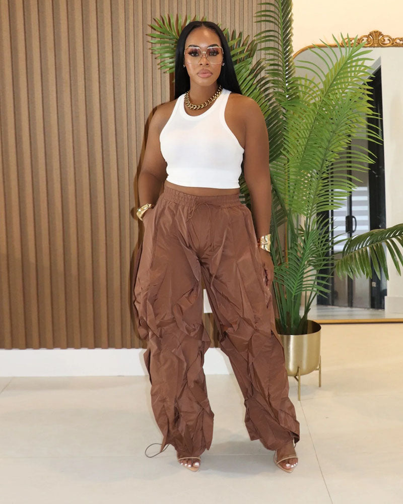 Coffee layered ruffle wide-leg jogger pants, lifestyle front view