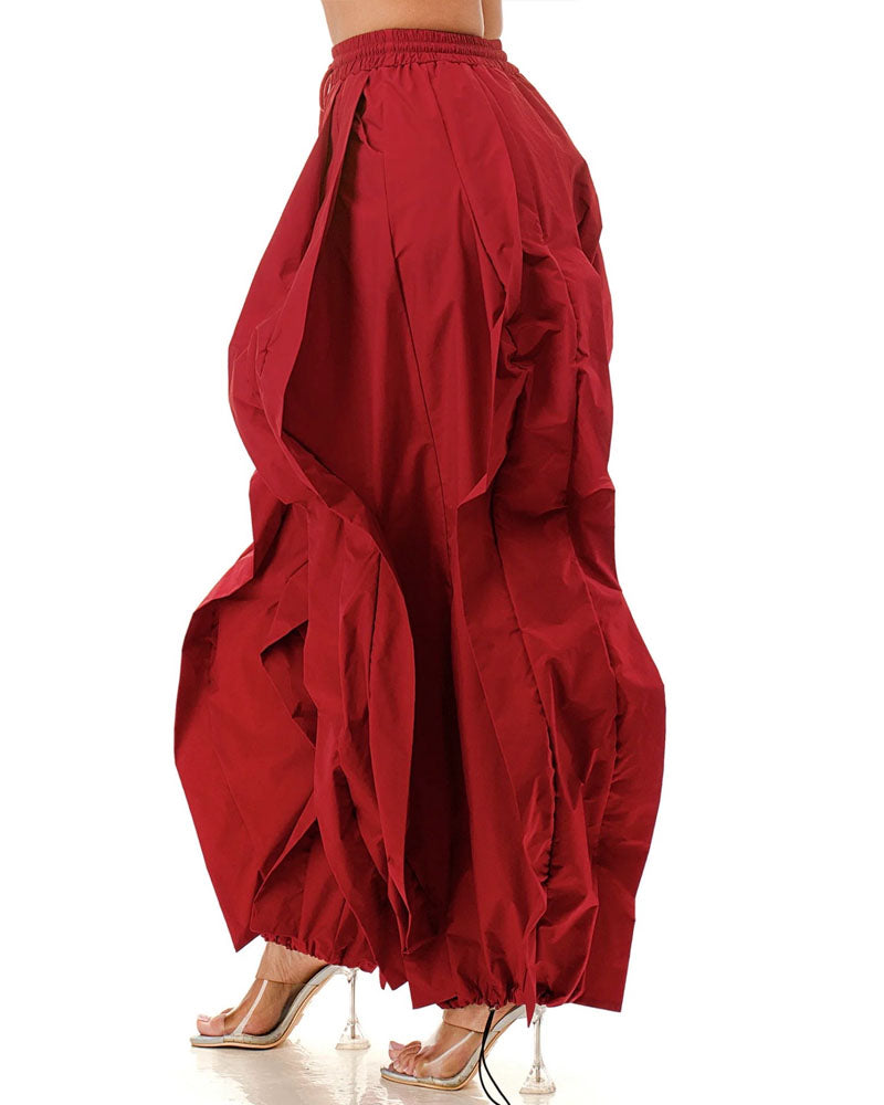 Red layered ruffle wide-leg jogger pants, side view