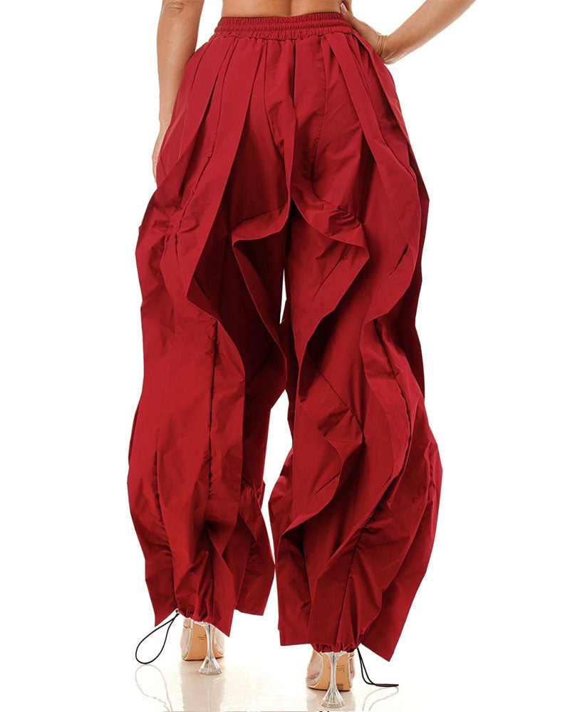 Red layered ruffle wide-leg jogger pants, back view