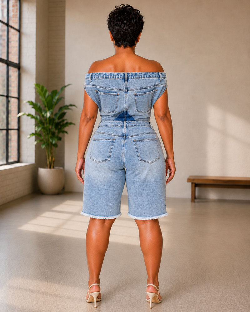 Light-wash off-shoulder denim Bermuda romper, back view