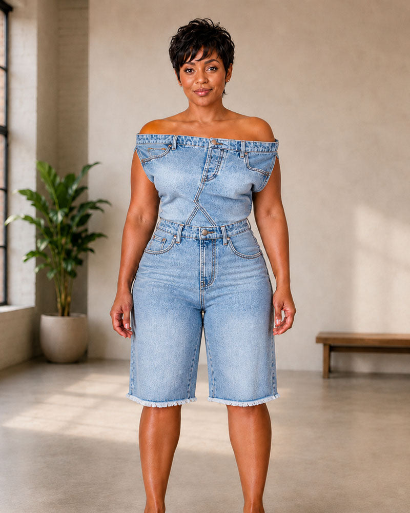 Light-wash off-shoulder denim Bermuda romper, front view