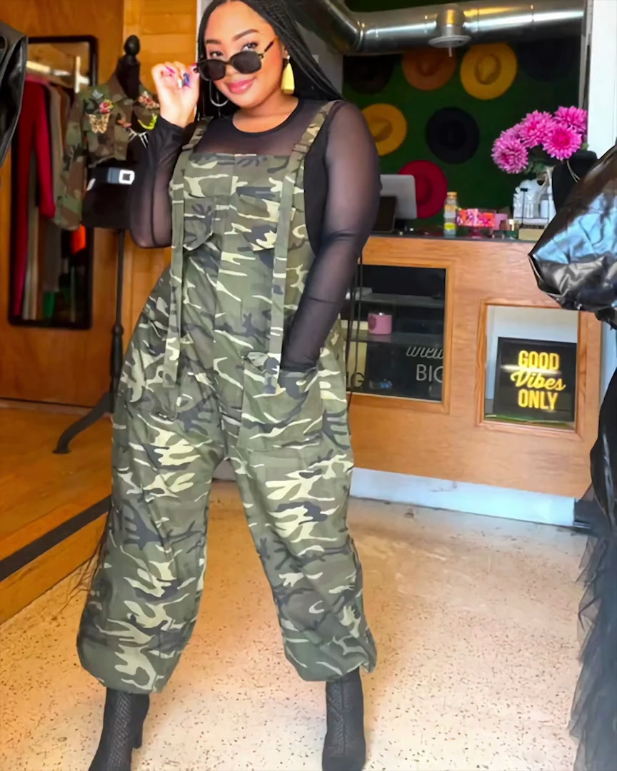 Gray camouflage harem overalls, angled front view