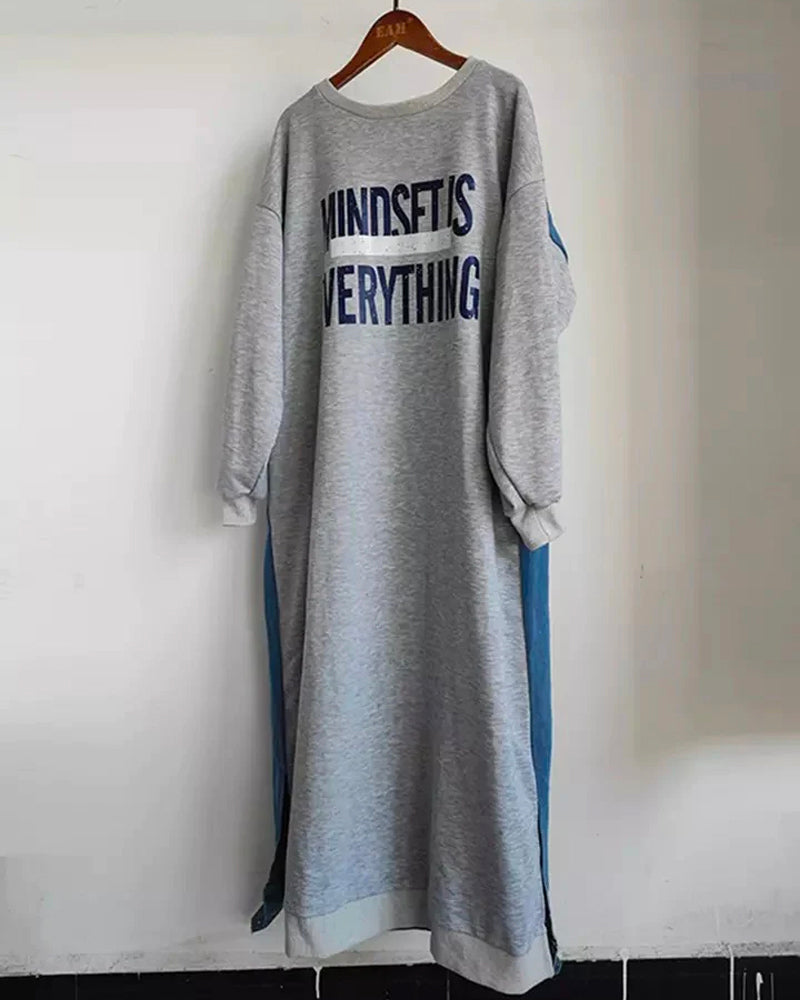 Gray sweatshirt and denim maxi dress displayed on hanger