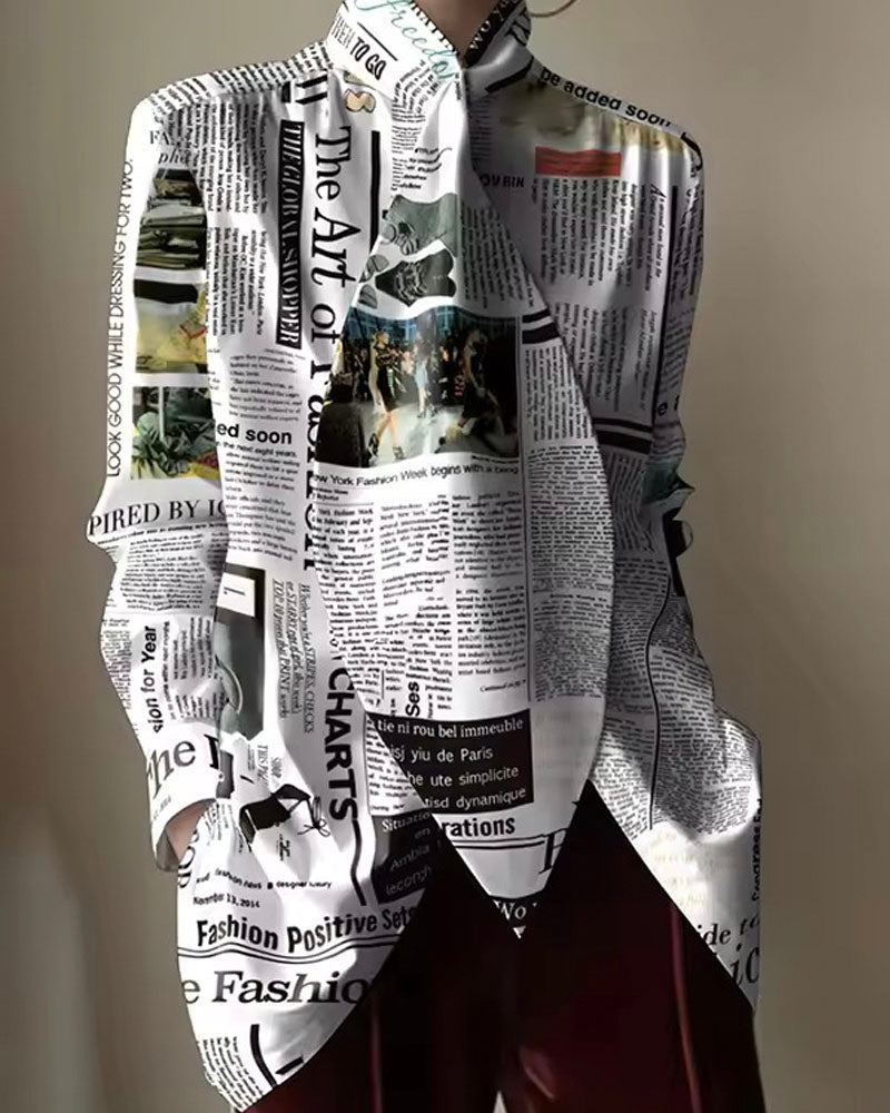 Newspaper-print oversized tie-front shirt, front view