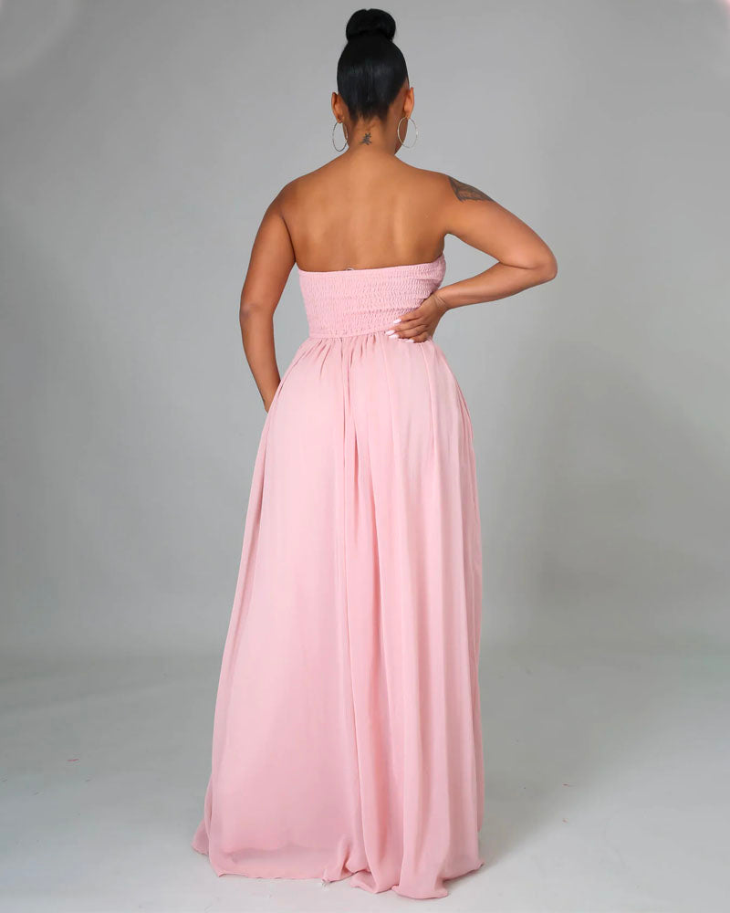 Pink strapless wide-leg jumpsuit, back view