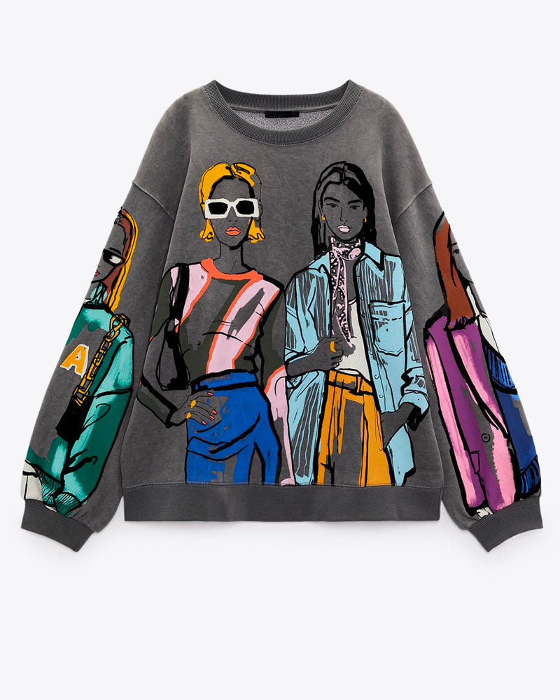 Gray graphic sweatshirt, flat front product view